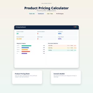 Op de afbeelding: Een digitale sjabloon voor een productprijscalculator met een strak, modern ontwerp. De interface toont belangrijke statistieken zoals potentiële inkomsten, gemiddelde marge en doelmarges. Het bevat secties voor prijsdashboards, productprijsbladen en scenariobouwers.