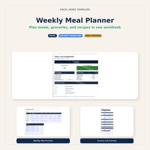 May include: A digital weekly meal planner template with the title "Weekly Meal Planner." The template includes sections for meal planning, groceries, and recipes. The design features a clean layout with a white background and blue and green accents.