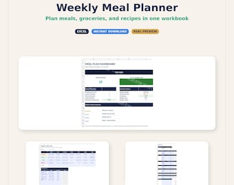 Weekly Meal Planner Spreadsheet | Grocery List Template | Meal Prep Planner | Google Sheets Excel Template | Recipe Organizer | Budget Meals