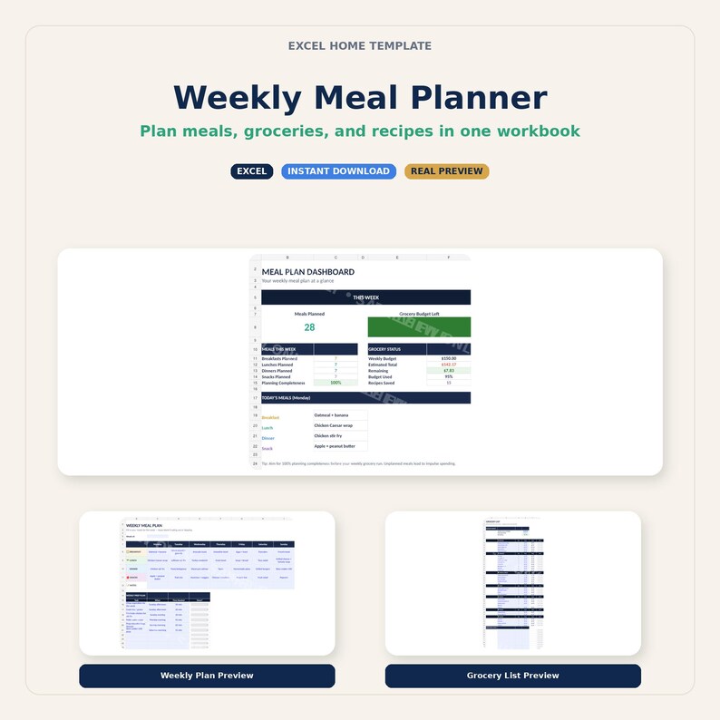 May include: A digital weekly meal planner template with the title "Weekly Meal Planner." The template includes sections for meal planning, groceries, and recipes. The design features a clean layout with a white background and blue and green accents.