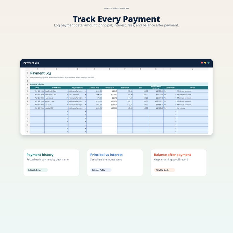 Puede incluir: Una plantilla de hoja de c&aacute;lculo digital titulada "Track Every Payment" con una combinaci&oacute;n de colores azul y blanco. La plantilla incluye secciones para el historial de pagos, el capital frente a los intereses y el saldo despu&eacute;s del pago. El texto de la imagen dice "Log payment date, amount, principal, interest, fees, and balance after payment."