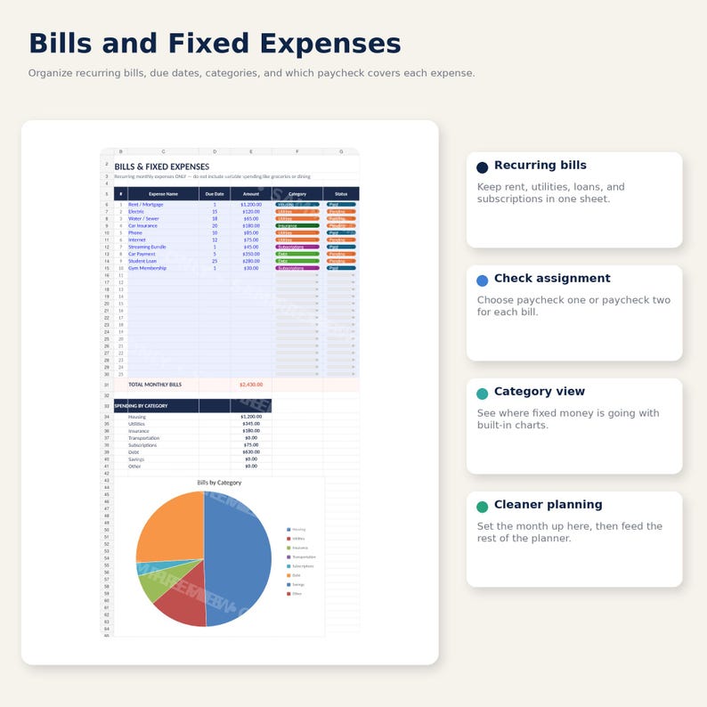May include: A digital planner titled "Bills and Fixed Expenses" with a spreadsheet layout. The planner organizes recurring bills, due dates, and categories. Features include recurring bills, check assignment, category view, and cleaner planning.