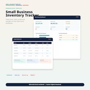 Op de afbeelding: Een digitale inventarisvolgsjabloon voor kleine bedrijven. De sjabloon bevat een inventarisdashboard, een productmasterlijst en een verkooplogboek. De tekst op de afbeelding luidt "Small Business Inventory Tracker" en "Microsoft Excel workbook | Instant digital download."