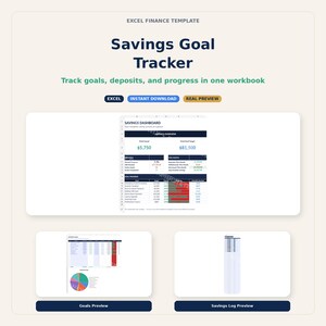 May include: An Excel finance template titled Savings Goal Tracker. The layout includes a dashboard with savings overview, goal progress tables, and a pie chart. Text labels include Excel, Instant Download, Real Preview, Goals Preview, and Savings Log Preview.