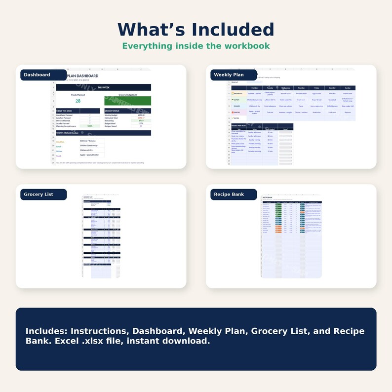 May include: A digital meal planning workbook featuring four distinct sections: a Dashboard, Weekly Plan, Grocery List, and Recipe Bank. The layout includes tables, charts, and text fields for tracking meals, budgets, and ingredients in an Excel format.