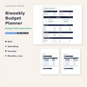 Puede incluir: Una plantilla de presupuesto en Excel que incluye un panel mensual, rastreadores de nómina quincenales y secciones para facturas, gastos y ahorros. La interfaz digital muestra datos financieros en tablas con encabezados azules.