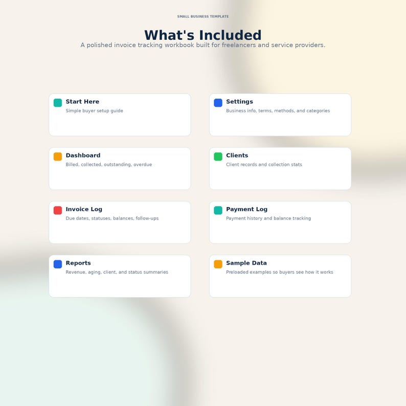 Op de afbeelding: Een digitale sjabloon voor het volgen van facturen voor freelancers en serviceproviders. De afbeelding toont een lijst met functies, zoals 'Start Here', 'Dashboard', 'Invoice Log', 'Reports', 'Settings', 'Clients', 'Payment Log' en 'Sample Data'.