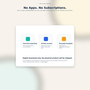 Op de afbeelding: Een digitale download sjabloon voor freelance bedrijven. De afbeelding toont de tekst "No Apps. No Subscriptions." en benadrukt functies zoals eenmalige download, priv&eacute;gegevens en een herbruikbare sjabloon. De sjabloon is voor persoonlijk of zakelijk gebruik.