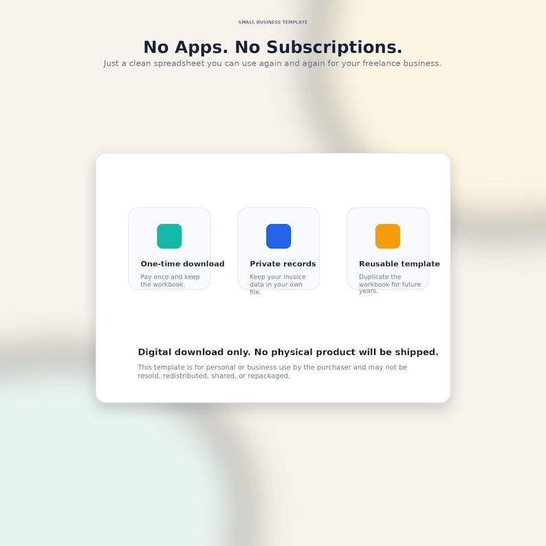 Op de afbeelding: Een digitale download sjabloon voor freelance bedrijven. De afbeelding toont de tekst "No Apps. No Subscriptions." en benadrukt functies zoals eenmalige download, priv&eacute;gegevens en een herbruikbare sjabloon. De sjabloon is voor persoonlijk of zakelijk gebruik.
