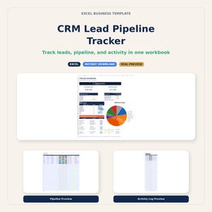 Op de afbeelding: Een digitale sjabloon getiteld "CRM Lead Pipeline Tracker" met de tekst "Volg leads, pipeline en activiteit in één werkmap". De afbeelding bevat voorbeelden van een Excel-spreadsheet met grafieken en gegevens, en de woorden "EXCEL", "DIRECT DOWNLOADEN" en "ECHTE VOORBEELD".