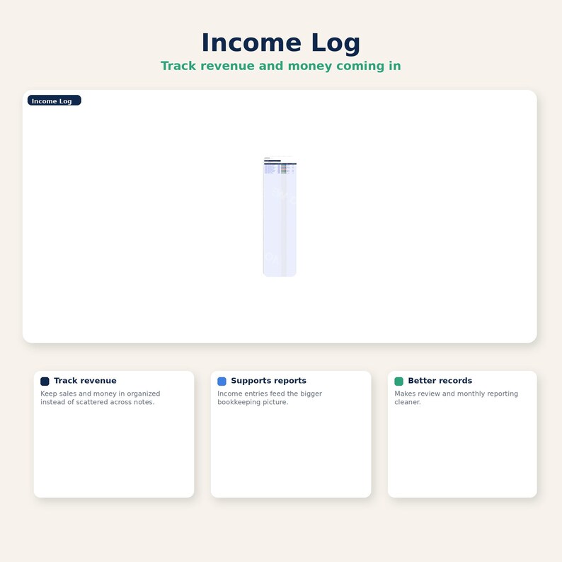 Pu&ograve; includere: Un registro delle entrate bianco e blu con il testo "Income Log" e "Track revenue and money coming in." L'immagine include anche tre riquadri con testo: "Track revenue", "Supports reports" e "Better records."