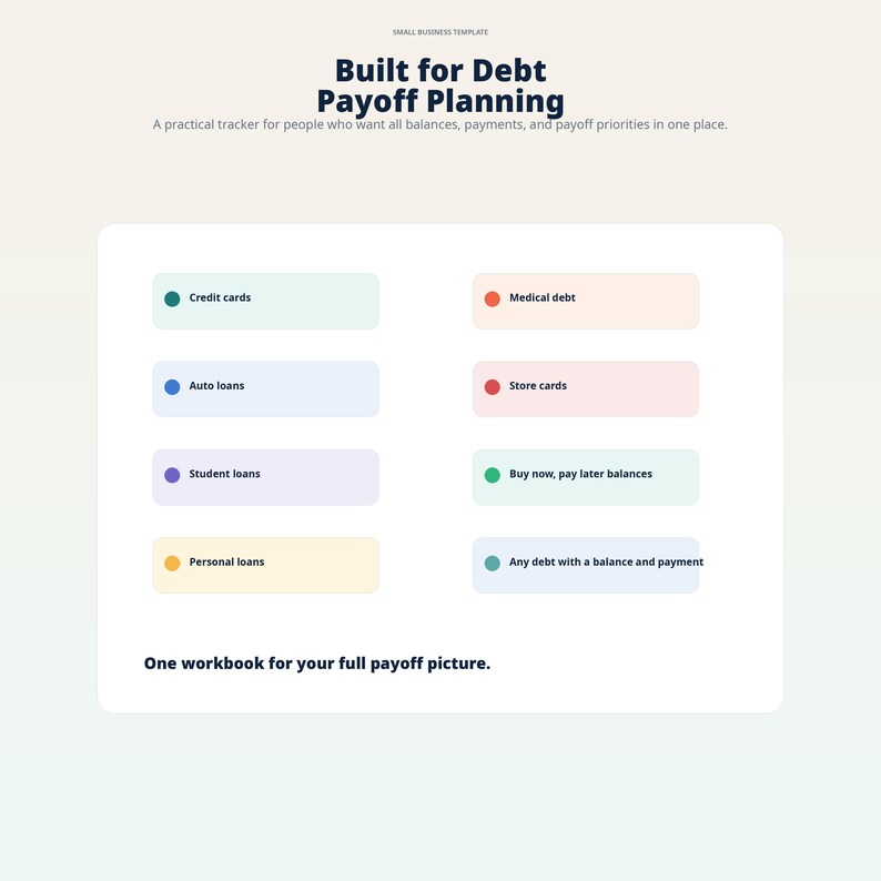 Puede incluir: Una plantilla digital de planificaci&oacute;n de pago de deudas con fondo blanco. El t&iacute;tulo dice "Built for Debt Payoff Planning". Incluye secciones para tarjetas de cr&eacute;dito, pr&eacute;stamos para autom&oacute;viles, pr&eacute;stamos estudiantiles, pr&eacute;stamos personales, deudas m&eacute;dicas, tarjetas de tiendas y otras deudas.