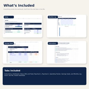 May include: A digital financial planner with multiple tabs, including Setup, Monthly Log, Savings Goals, and Instructions. The workbook is designed for budgeting and tracking expenses. The text "What's Included" and "Tabs included" are visible.