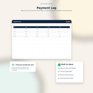 Op de afbeelding: Een digitale sjabloon voor een betalingslogboek met een donkerblauwe kop en een witte tabel met betalingsdetails. De tekst "Payment Log" staat prominent weergegeven. Extra tekst benadrukt functies zoals datum, methode en factuurzoekvelden.