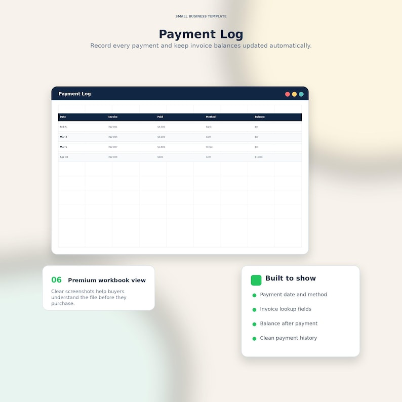 Op de afbeelding: Een digitale sjabloon voor een betalingslogboek met een donkerblauwe kop en een witte tabel met betalingsdetails. De tekst "Payment Log" staat prominent weergegeven. Extra tekst benadrukt functies zoals datum, methode en factuurzoekvelden.