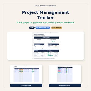 May include: A digital Excel business template titled "Project Management Tracker." The image displays a project dashboard, with previews of projects and milestones. The template tracks projects, pipeline, and activity in one workbook. Includes the text "EXCEL" and "INSTANT DOWNLOAD."