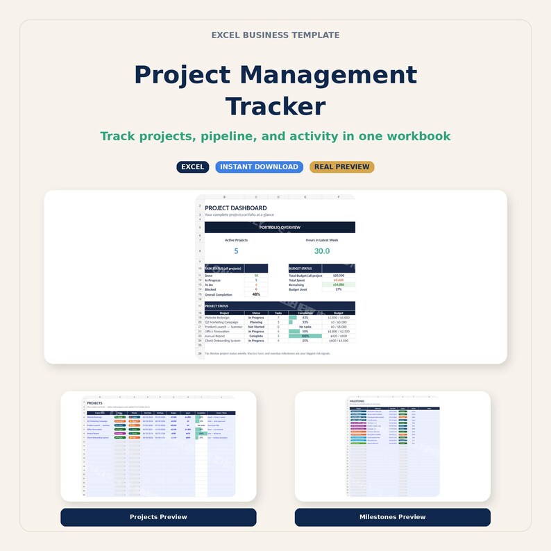 May include: A digital Excel business template titled "Project Management Tracker." The image displays a project dashboard, with previews of projects and milestones. The template tracks projects, pipeline, and activity in one workbook. Includes the text "EXCEL" and "INSTANT DOWNLOAD."