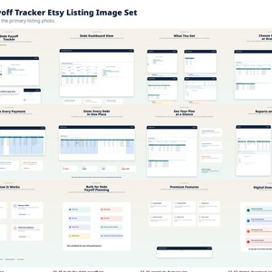 Puede incluir: Conjunto de im&aacute;genes de listado de Etsy para un rastreador de pago de deudas. La imagen muestra varias pantallas digitales que muestran funciones como paneles de control de deudas, seguimiento de pagos e informes de progreso. El texto incluye "Debt Payoff Tracker".