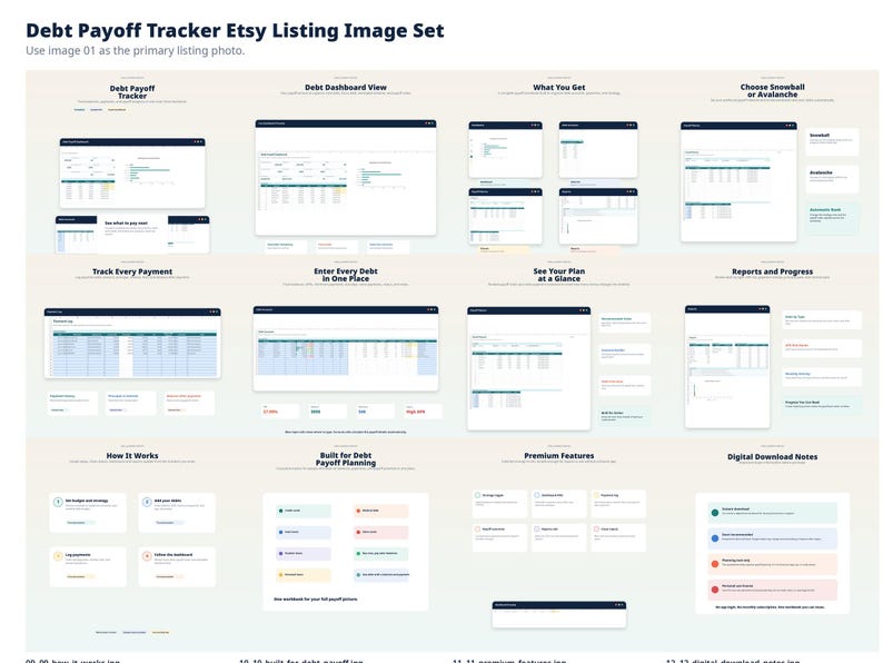 Puede incluir: Conjunto de im&aacute;genes de listado de Etsy para un rastreador de pago de deudas. La imagen muestra varias pantallas digitales que muestran funciones como paneles de control de deudas, seguimiento de pagos e informes de progreso. El texto incluye "Debt Payoff Tracker".