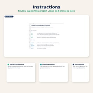 May include: A digital project management tracker with instructions. The document includes sections for project management, how it works, and tabs. Additional sections highlight useful checkpoints, planning support, and more control features.