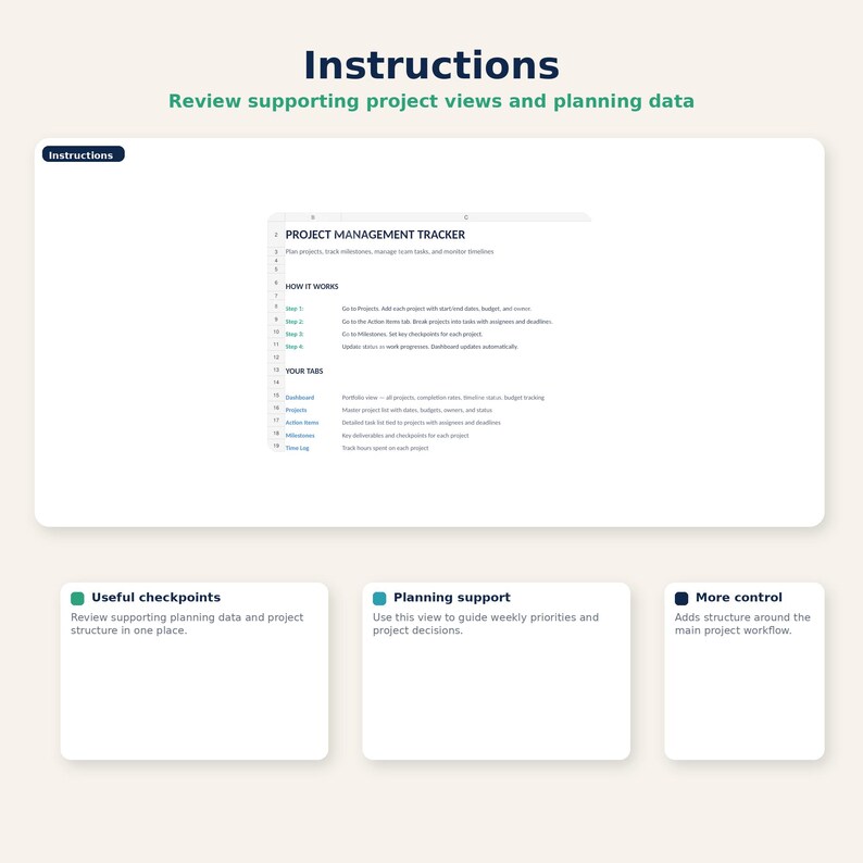 May include: A digital project management tracker with instructions. The document includes sections for project management, how it works, and tabs. Additional sections highlight useful checkpoints, planning support, and more control features.