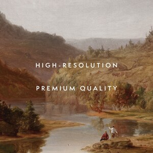 K&ouml;nnte beinhalten: Ein Gem&auml;lde, das eine Flussszene mit zwei Personen zeigt, die von einem felsigen Ufer aus angeln. Der Fluss ist von B&auml;umen und H&uuml;geln umgeben. Der Himmel ist hellblau mit einigen Wolken. Der Text "HIGH-RESOLUTION PREMIUM QUALITY" ist &uuml;ber das Bild gelegt.