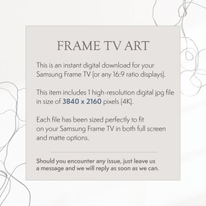 K&ouml;nnte beinhalten: Ein wei&szlig;er Textkasten mit schwarzem Text auf wei&szlig;em Hintergrund. Der Text lautet "FRAME TV ART" und erkl&auml;rt, dass es sich um einen sofortigen digitalen Download f&uuml;r Samsung Frame TV (oder jeden 16:9-Bildschirm) handelt. Au&szlig;erdem wird angegeben, dass der Artikel 1 hochaufl&ouml;sende digitale JPG-Datei mit einer Gr&ouml;&szlig;e von 3840 x 2160 Pixeln (4K) enth&auml;lt.