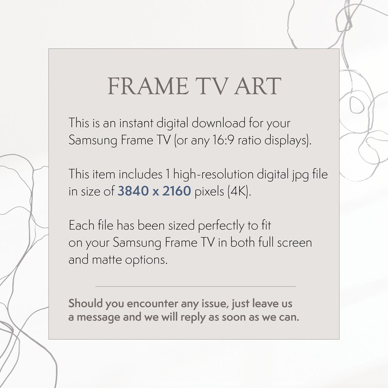 K&ouml;nnte beinhalten: Ein wei&szlig;er Textkasten mit schwarzem Text auf wei&szlig;em Hintergrund. Der Text lautet "FRAME TV ART" und erkl&auml;rt, dass es sich um einen sofortigen digitalen Download f&uuml;r Samsung Frame TV (oder jeden 16:9-Bildschirm) handelt. Au&szlig;erdem wird angegeben, dass der Artikel 1 hochaufl&ouml;sende digitale JPG-Datei mit einer Gr&ouml;&szlig;e von 3840 x 2160 Pixeln (4K) enth&auml;lt.