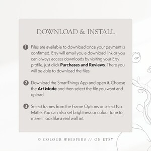 K&ouml;nnte beinhalten: Ein wei&szlig;er Hintergrund mit schwarzem Text, der erkl&auml;rt, wie man eine digitale Kunstdatei herunterl&auml;dt und installiert. Der Text enth&auml;lt die Schritte zum Herunterladen der Datei von Etsy, zum Herunterladen der SmartThings-App und zum Ausw&auml;hlen des Art-Modus zum Hochladen der Datei. Der Text enth&auml;lt auch Anweisungen zum Ausw&auml;hlen von Rahmen und zum Anpassen der Helligkeit und des Farbtons.
