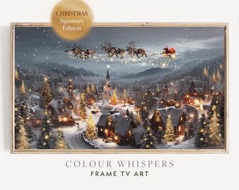 Christmas Frame TV Art | Christmas Village TV Art | Santa and Reindeer Scene | Winter Oil Painting | Holiday Decor | Instant Download