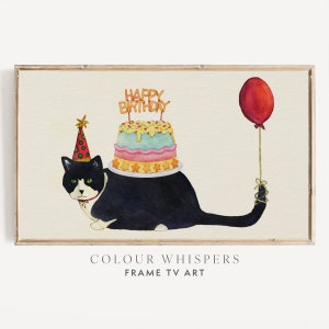 Arte para TV con marco Samsung, arte para TV para fiesta de cumpleaños, arte de cumpleaños de gato, decoración de TV divertida, arte de pared para celebraciones, descarga instantánea