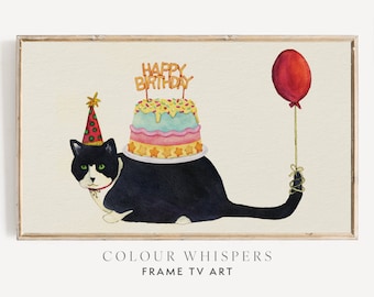 Arte para TV con marco Samsung, arte para TV para fiesta de cumpleaños, arte de cumpleaños de gato, decoración de TV divertida, arte de pared para celebraciones, descarga instantánea