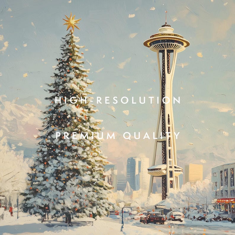 May include: A snowy winter scene with a large Christmas tree in the foreground and the Space Needle in the background. The Space Needle is lit up and there are snow-covered buildings and trees in the distance.