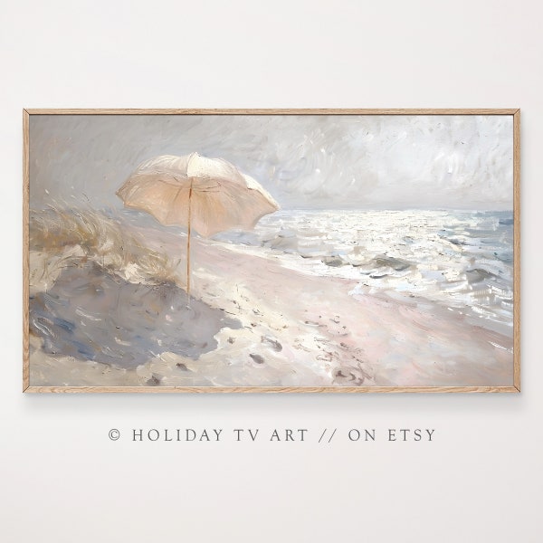 Coastal Oil Painting, Beach Oil Painting, Samsung Frame TV Art, Waves oil painting, Summer Oil Painting, Beach Umbrella, Instant Download