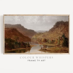 K&ouml;nnte beinhalten: Ein Gem&auml;lde, das ein Flusstal mit zwei Figuren zeigt, die im Vordergrund auf einem Felsen stehen. Der Fluss schl&auml;ngelt sich durch das Tal, und die H&uuml;gel sind mit B&auml;umen bedeckt. Der Himmel ist bew&ouml;lkt und grau.