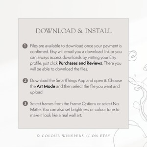 Puede incluir: Una tarjeta blanca con texto negro que explica c&oacute;mo descargar e instalar archivos digitales comprados en Etsy. El texto incluye instrucciones para descargar archivos desde Etsy, usar la aplicaci&oacute;n SmartThings y seleccionar opciones de marco. La tarjeta tiene el texto "DOWNLOAD & INSTALL" en la parte superior y "COLOUR WHISPERS // ON ETSY" en la parte inferior.