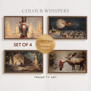 May include: Set of 4 framed Christmas-themed art prints. The prints feature a nutcracker, Santa's sleigh, the Nativity scene, and Santa with a reindeer. The text "COLOUR WHISPERS", "SET OF 4", "CHRISTMAS Signature Edition", and "FRAME TV ART" are visible.