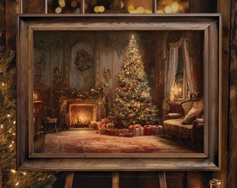 以下が含まれることがあります： 暖炉とプレゼントのある部屋に飾られた、装飾されたクリスマスツリーの額入り絵画。部屋には赤いカーペット、ソファ、ボケライトのある窓があります。絵画は木製のイーゼルに展示されています。