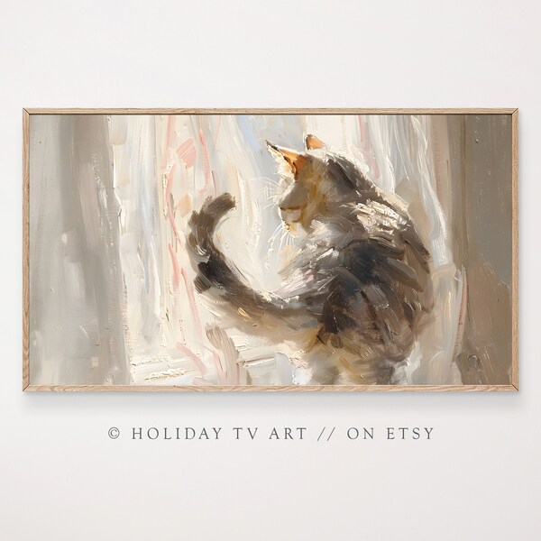 Spring Frame TV Art, Cat Oil Painting, Spring Oil Painting, Summer Oil Painting, Cat Still Life Art, Samsung Frame TV Art, Instant Download