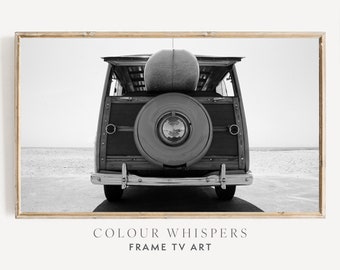 Beach Van Surfboard Art, Black & White Coastal Print (Digital Download)
