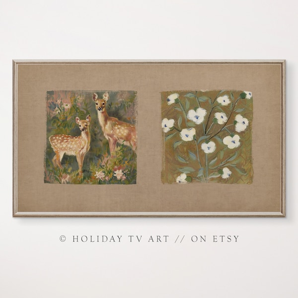 Samsung Frame TV Art, Vintage Botanical Painting, Botanical Vintage Pattern, Deer Vintage Oil Painting, Antique Flower Art, Instant Download