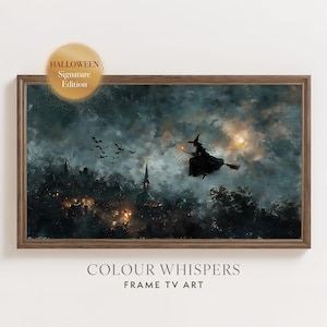 May include: A framed digital art print for a TV screen featuring a dark, moody night scene with a witch flying on a broomstick over a village. A flock of bats flies nearby under a glowing moon. Text reads HALLOWEEN Signature Edition.