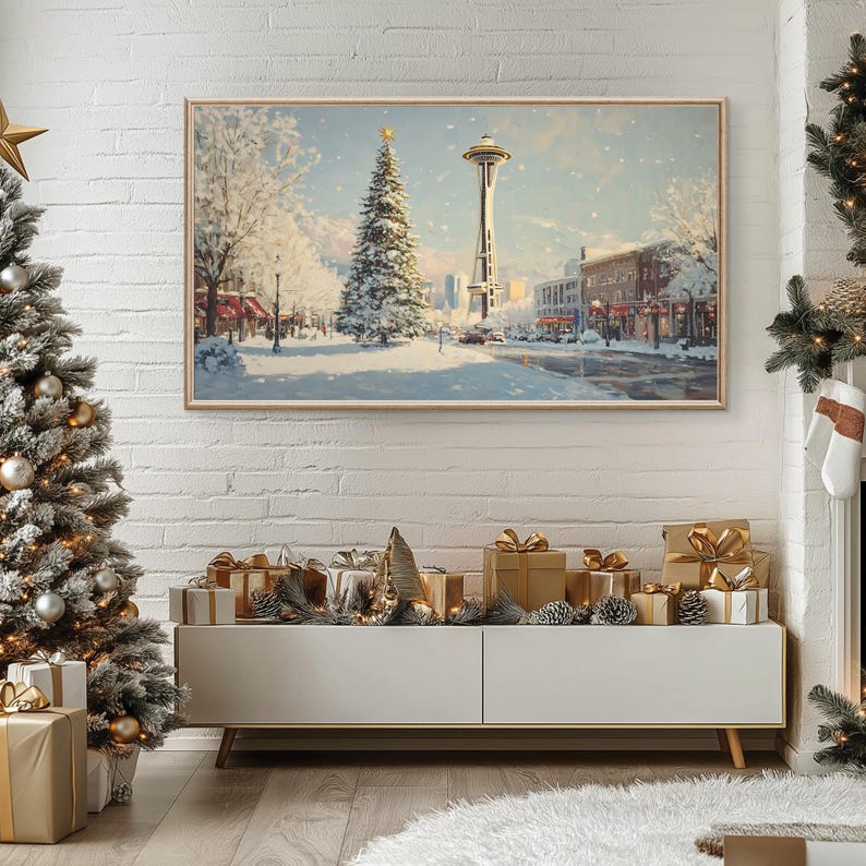 May include: A snowy winter scene with a Christmas tree in the foreground and the Space Needle in the background. The scene is decorated with gold gift boxes and pine cones.