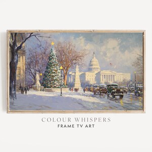 May include: A painting of a snowy scene in Washington, D.C. with the Capitol Building in the background. A large Christmas tree is in the foreground, with people walking by and cars driving down the street. The sky is blue and the sun is shining.