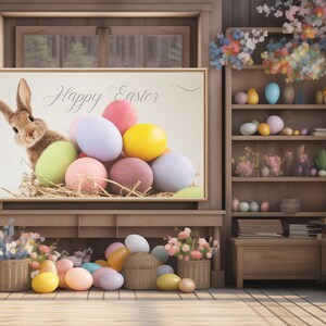 Puede incluir: Una impresi&oacute;n enmarcada con el texto "Feliz Pascua" y una foto de un conejo marr&oacute;n rodeado de huevos de Pascua de colores pastel.