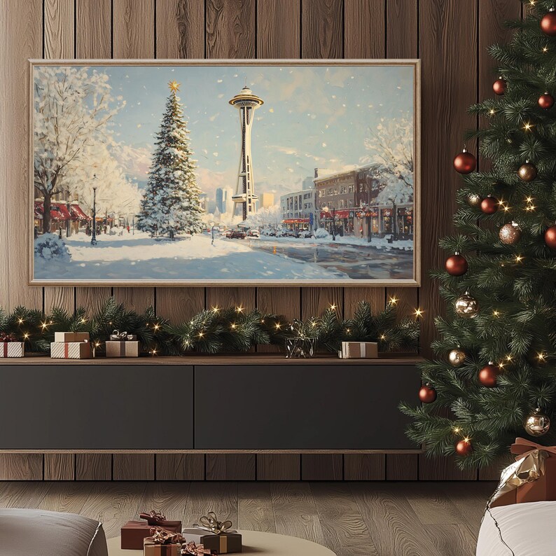 May include: A snowy winter scene with a tall building in the background, a Christmas tree in the foreground, and a wooden wall with a garland of lights and presents on a shelf below.