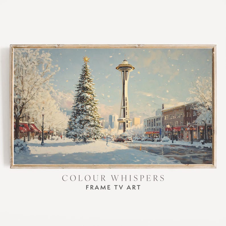 May include: A snowy winter scene with the Space Needle in Seattle, Washington. A Christmas tree stands in the foreground with snow-covered buildings and trees in the background.