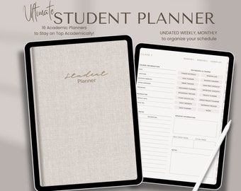 May include: A digital planner for students with a beige linen-textured cover and a white page with the text "Ultimate Student Planner" and "16 Academic Planners to Stay on Top Academically!"  The white page also has the text "UNDATED WEEKLY, MONTHLY to organize your schedule". The planner is open to a page with the heading "CLASS I" and sections for "Course Information", "Textbooks & Course", and "Grading Information".