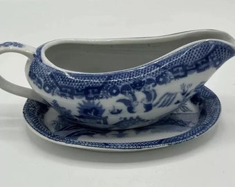 Vintage Victoria Ware Old Willow English Ironstone Gravy Boat w/ Underplate