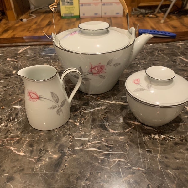 Noritake Rosemarie # 6044 5 Pc Teapot, Creamer & Sugar Bowl -  Rose Platinum